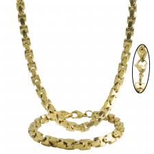 Men's Stainless Steel Gold PVD Flat Mariner Box Curb Necklace Set